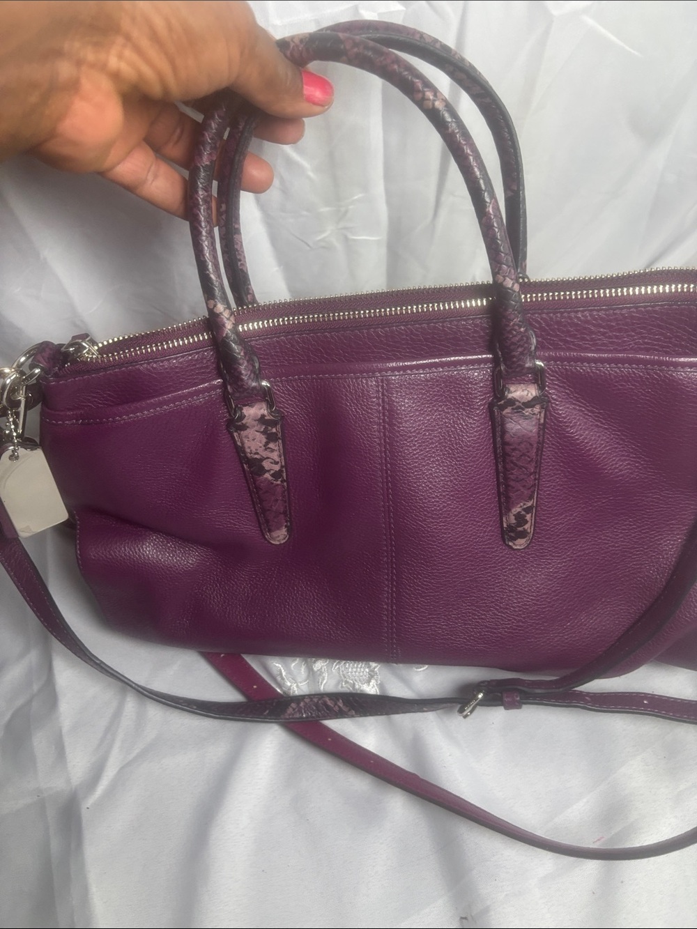 Coach Plum Leather Shoulder Bag with Snake-Trim Handles - Picture 3 of 5
